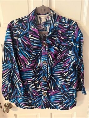 Christopher & Banks Tropical Abstract Palm Print Linen Blend Jacket Shacket L